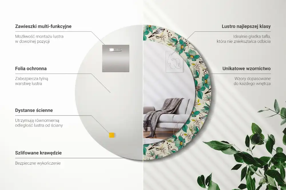 Specchio circolare decoro Fiori e uccelli