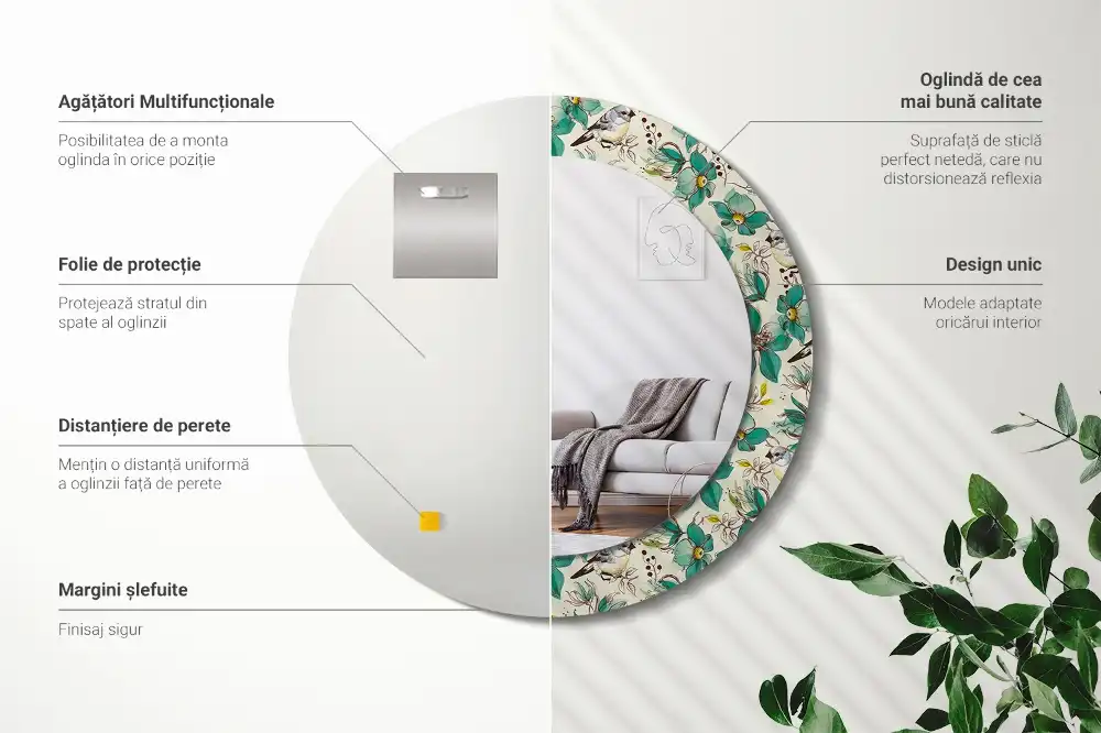 Specchio circolare decoro Fiori e uccelli