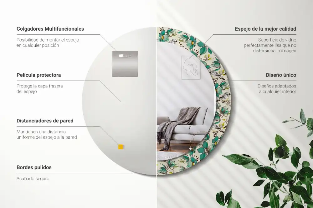 Specchio circolare decoro Fiori e uccelli