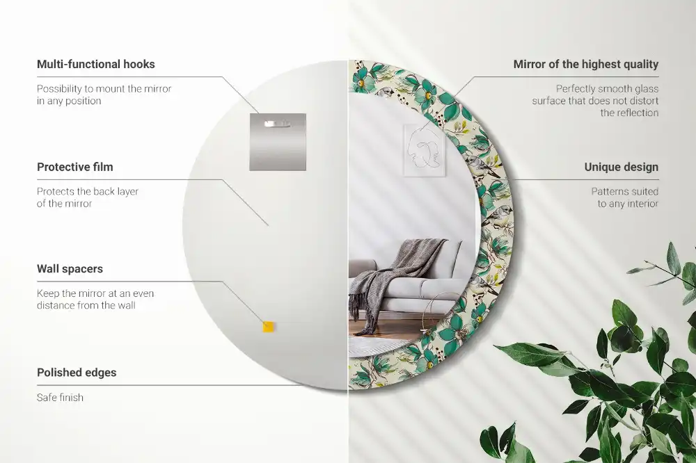 Specchio circolare decoro Fiori e uccelli