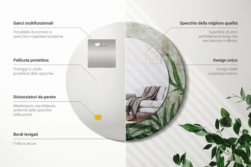 Specchio circolare decoro Foglie di felce