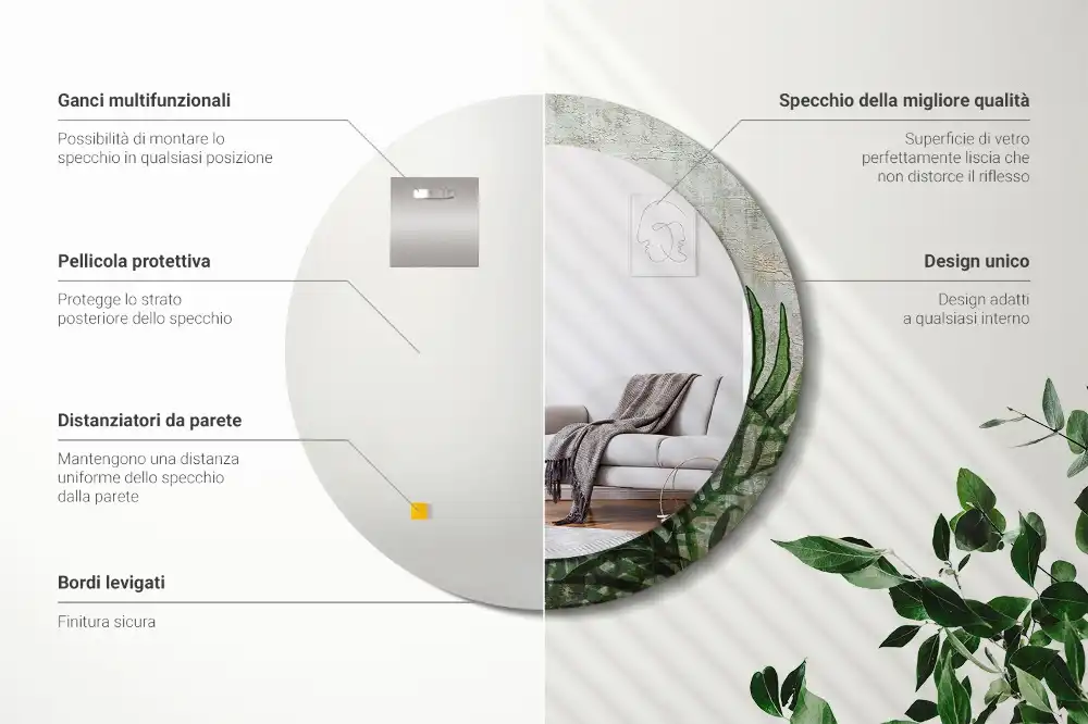 Specchio circolare decoro Foglie di felce