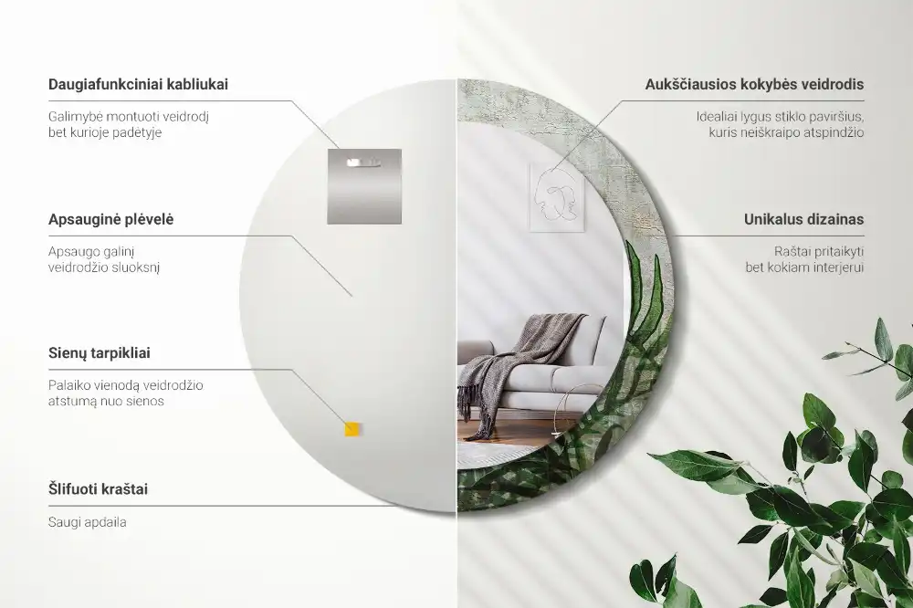 Specchio circolare decoro Foglie di felce