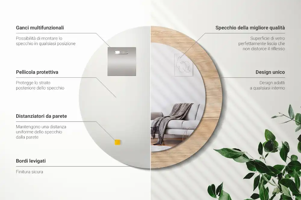 Specchio circolare stampato Legna