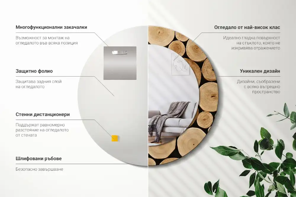 Specchio circolare stampato tronchi di legno