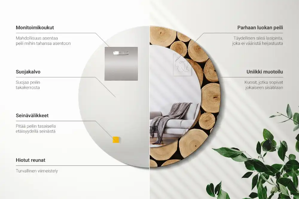 Specchio circolare stampato tronchi di legno