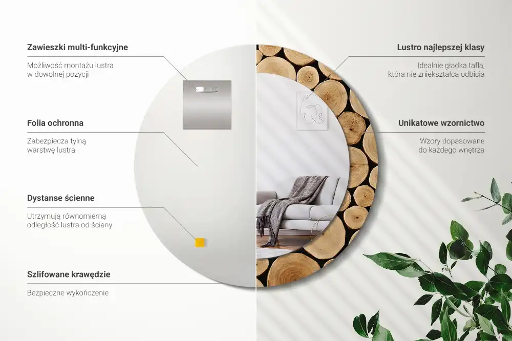 Specchio circolare stampato tronchi di legno