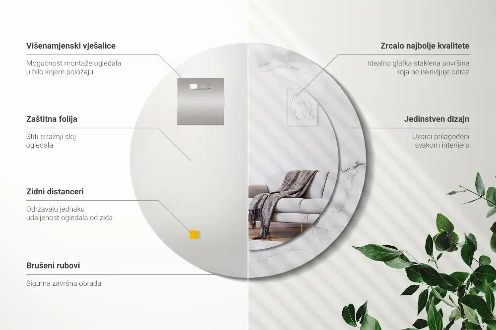 Specchio rotondo con cornice stampata marmo bianco