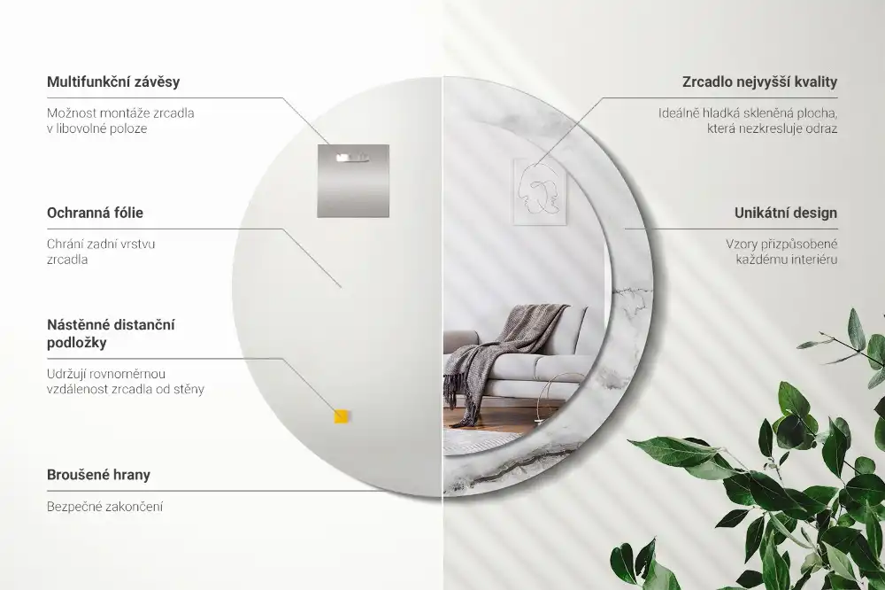 Specchio rotondo con cornice stampata marmo bianco