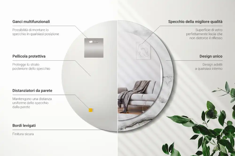 Specchio rotondo con cornice stampata marmo bianco