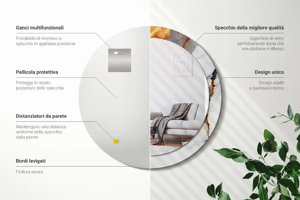 Specchio rotondo con cornice stampata marmo bianco