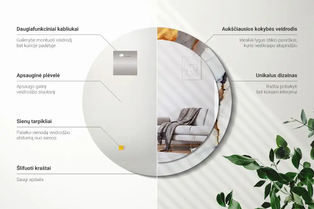 Specchio rotondo con cornice stampata marmo bianco