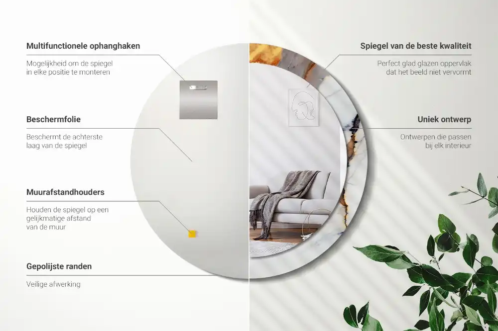 Specchio rotondo con cornice stampata marmo bianco