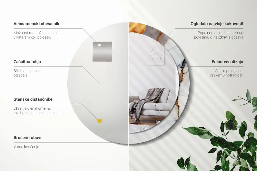 Specchio rotondo con cornice stampata marmo bianco