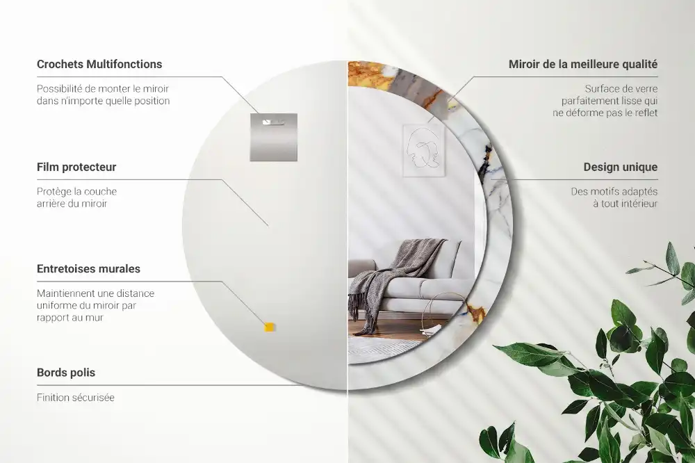 Specchio rotondo con cornice stampata marmo bianco