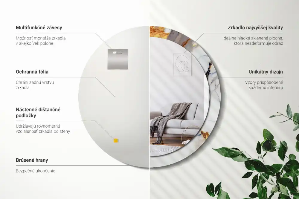 Specchio rotondo con cornice stampata marmo bianco