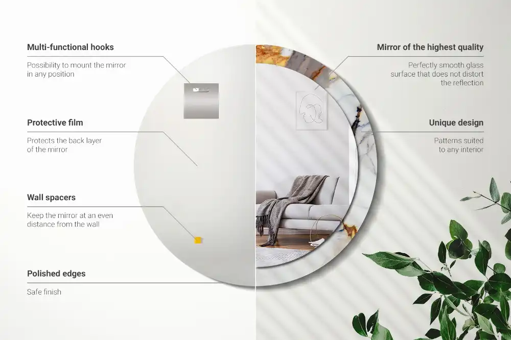 Specchio rotondo con cornice stampata marmo bianco