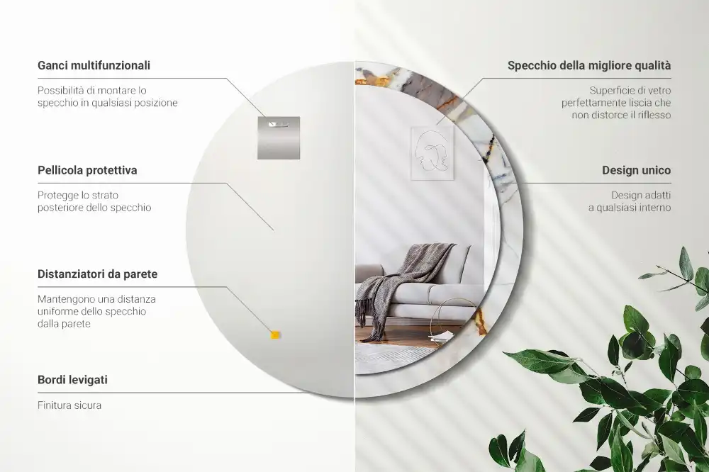 Specchio rotondo con cornice stampata marmo bianco