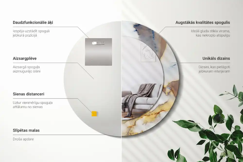 Specchio rotondo con cornice stampata marmo bianco