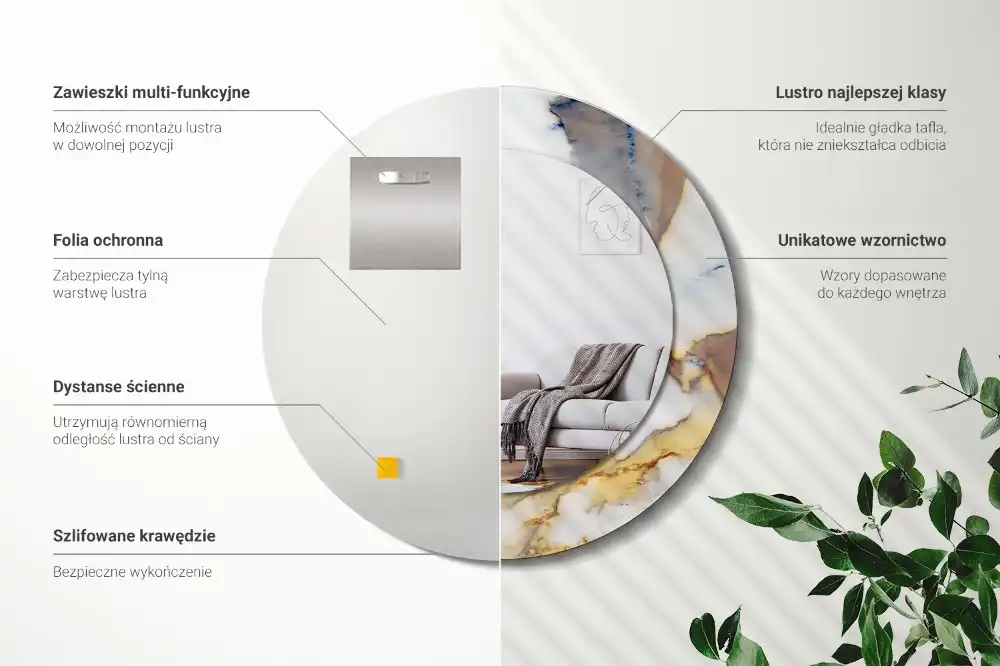 Specchio rotondo con cornice stampata marmo bianco