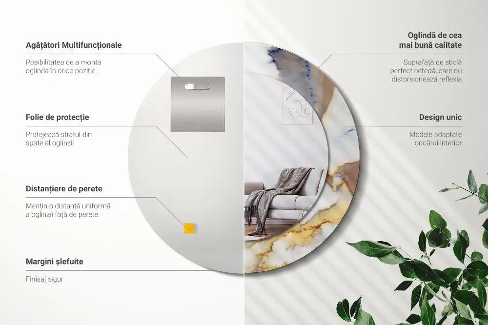 Specchio rotondo con cornice stampata marmo bianco