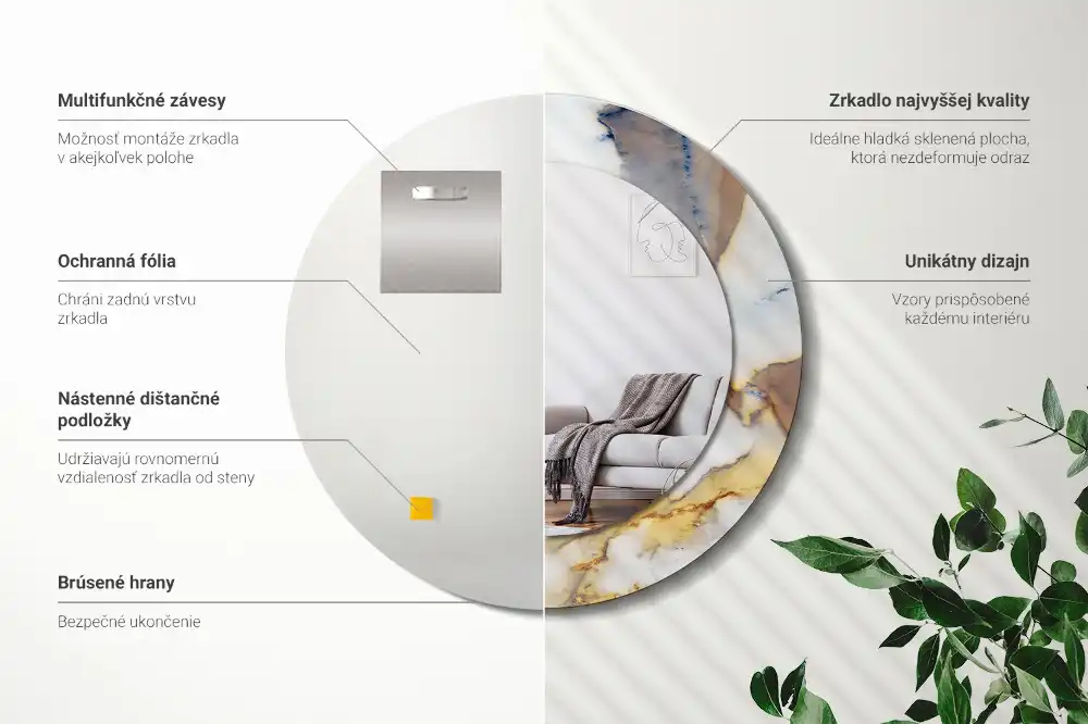 Specchio rotondo con cornice stampata marmo bianco