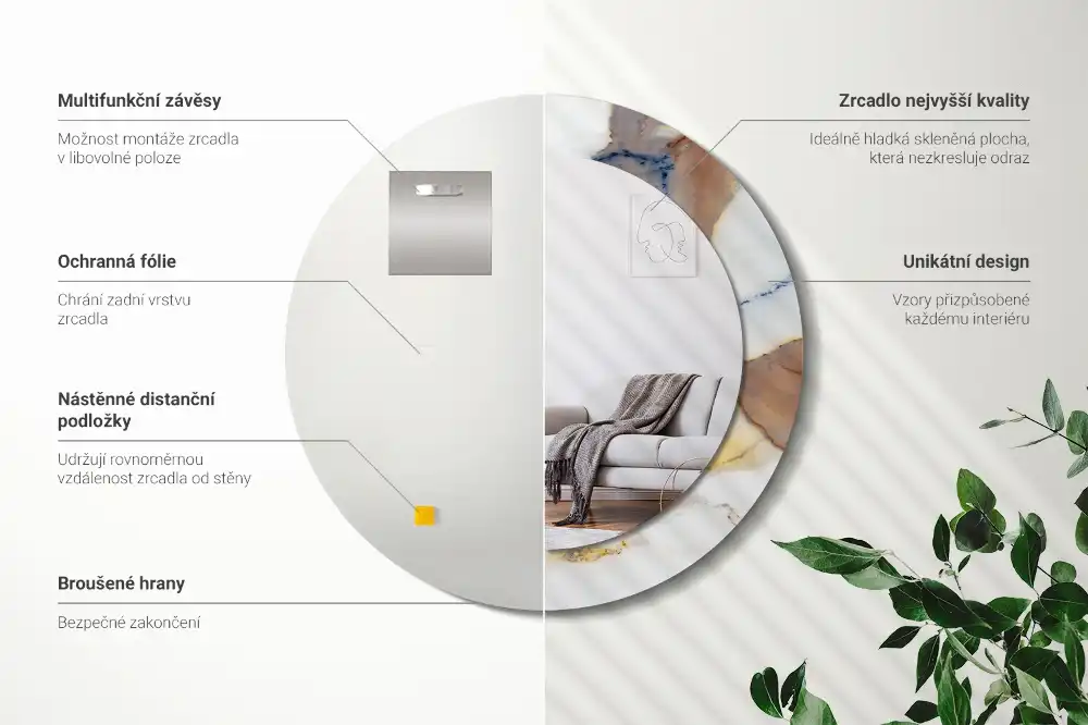 Specchio rotondo con cornice stampata marmo bianco