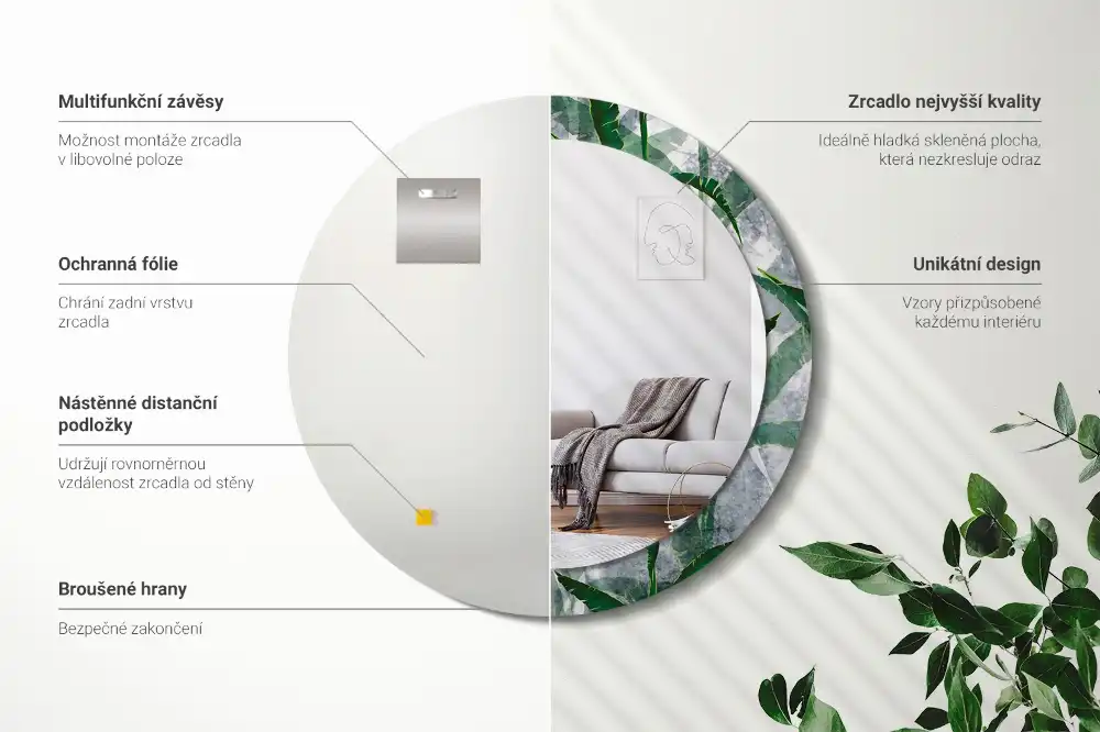 Specchio circolare stampato Foglie tropicali