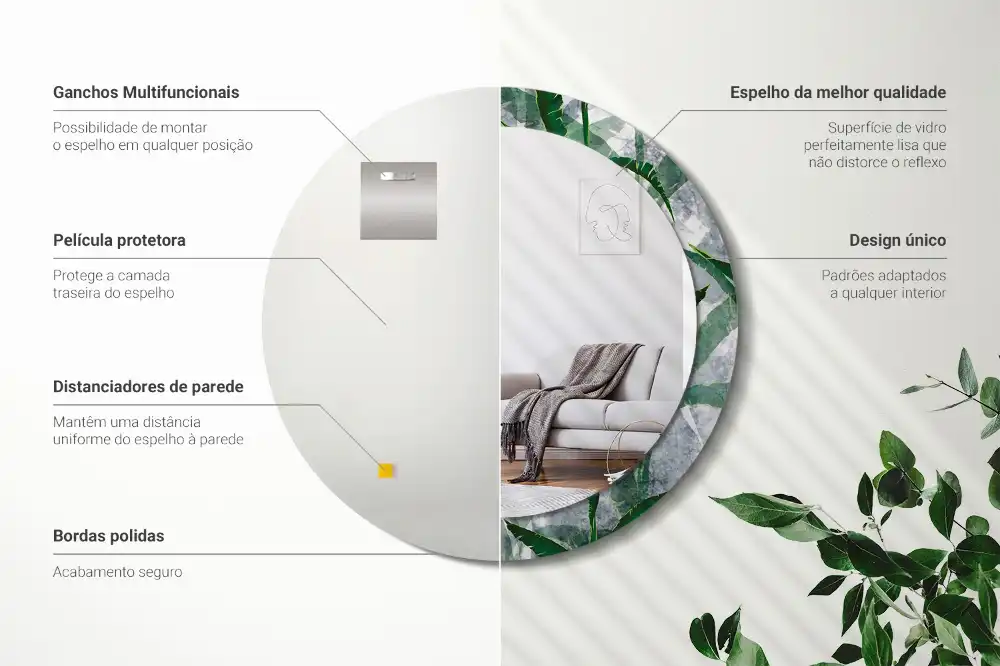 Specchio circolare stampato Foglie tropicali