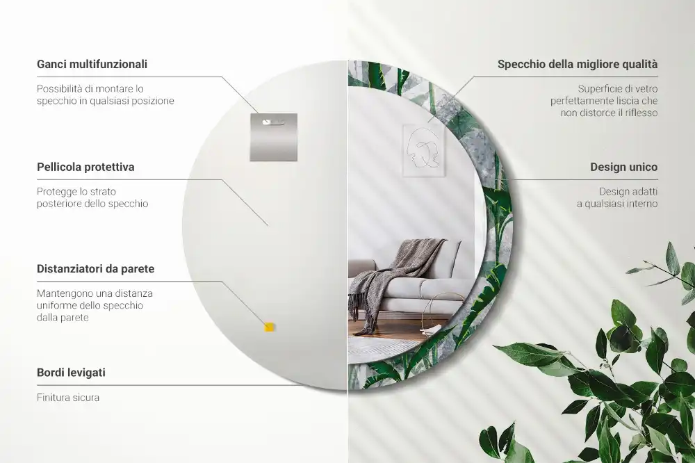 Specchio circolare stampato Foglie tropicali