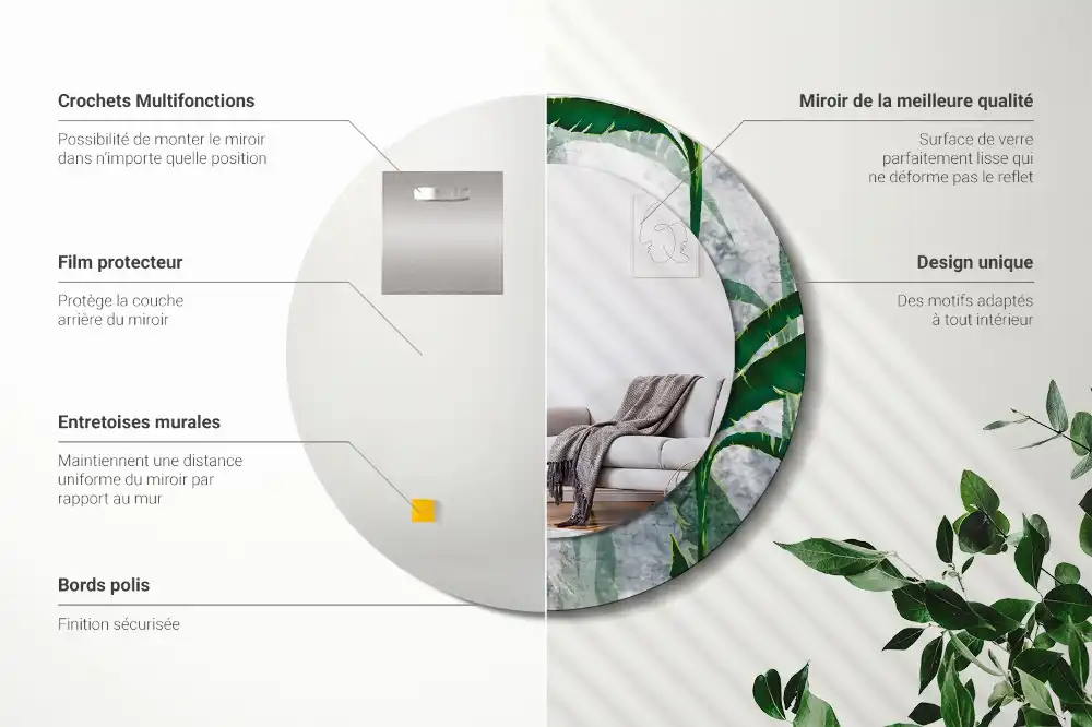 Specchio circolare stampato Foglie tropicali