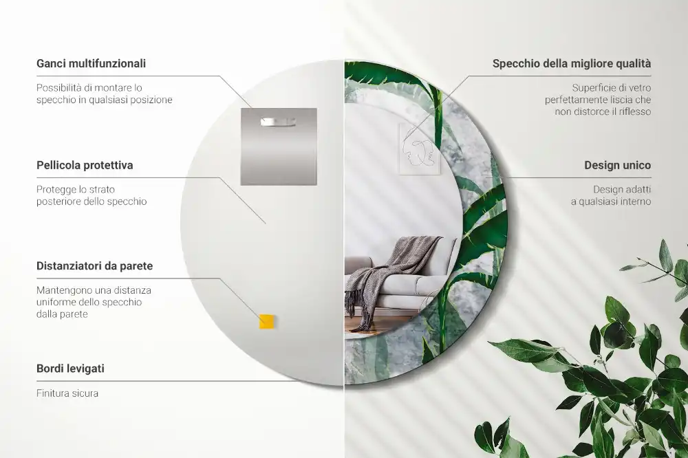 Specchio circolare stampato Foglie tropicali