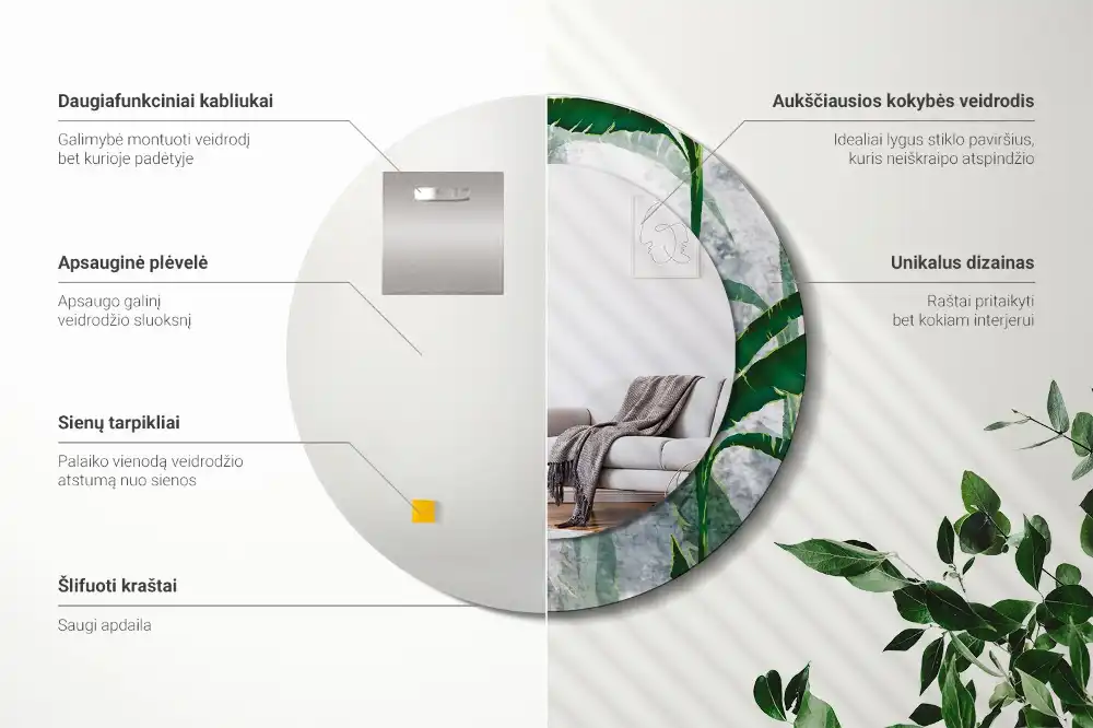 Specchio circolare stampato Foglie tropicali