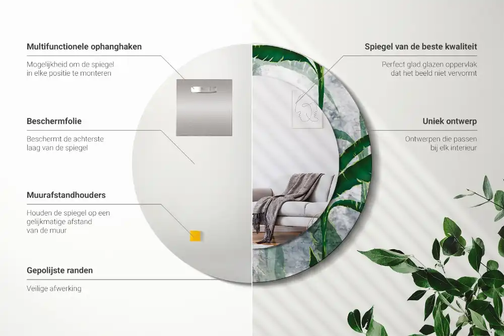 Specchio circolare stampato Foglie tropicali