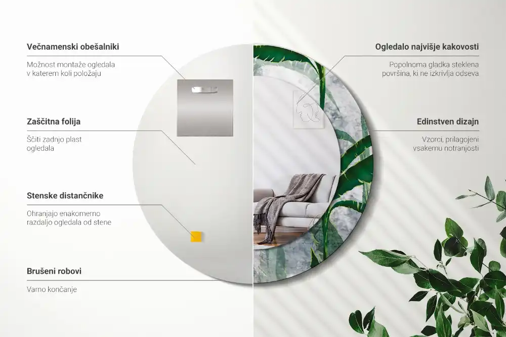 Specchio circolare stampato Foglie tropicali