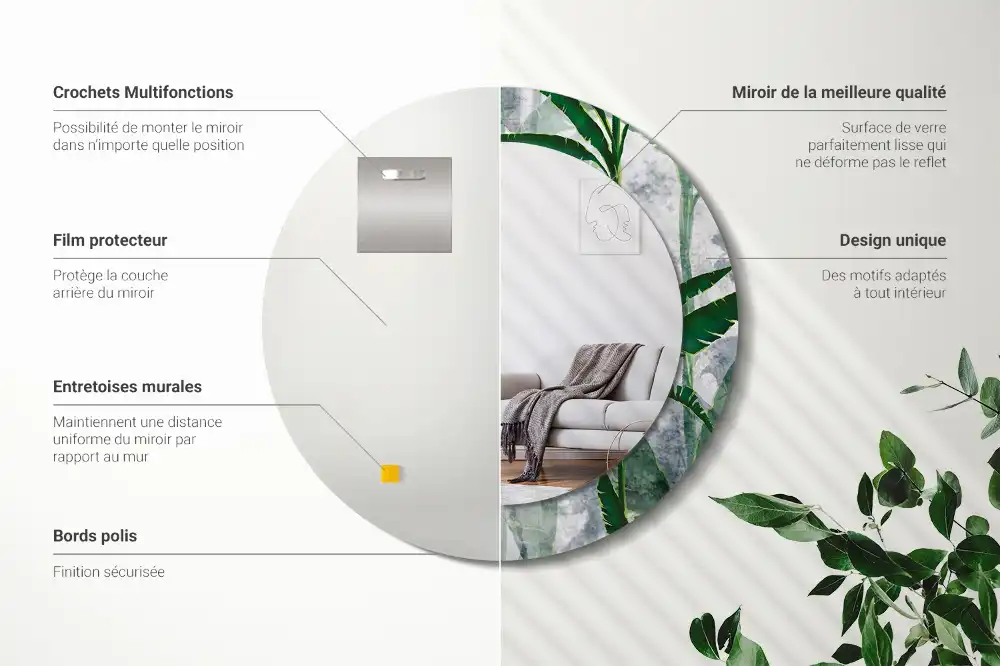 Specchio circolare stampato Foglie tropicali
