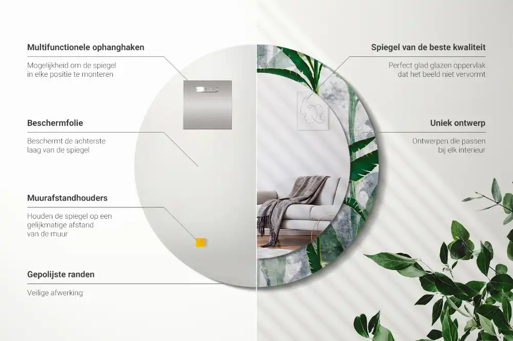 Specchio circolare stampato Foglie tropicali