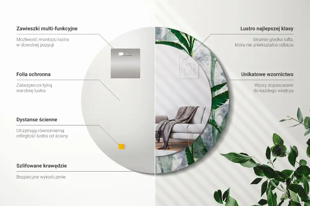 Specchio circolare stampato Foglie tropicali