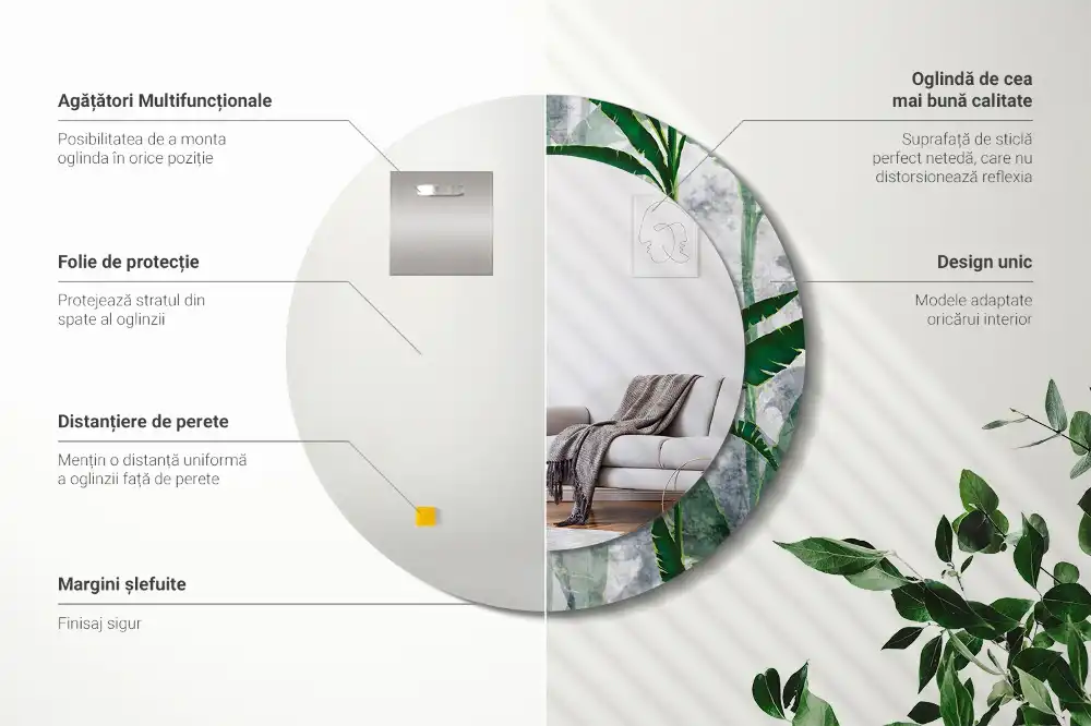Specchio circolare stampato Foglie tropicali