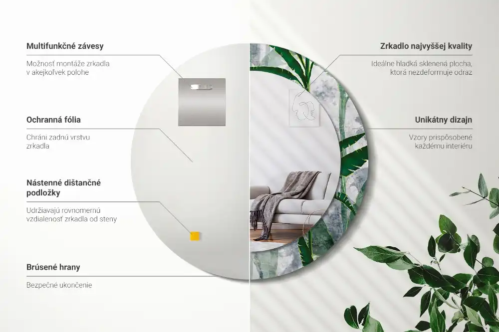 Specchio circolare stampato Foglie tropicali