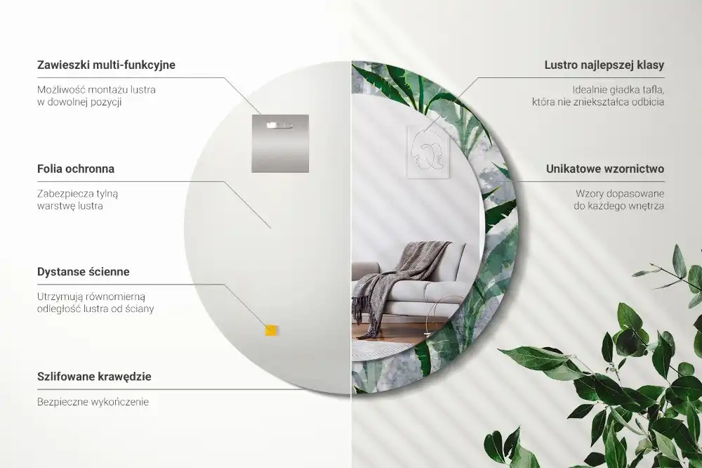 Specchio circolare stampato Foglie tropicali