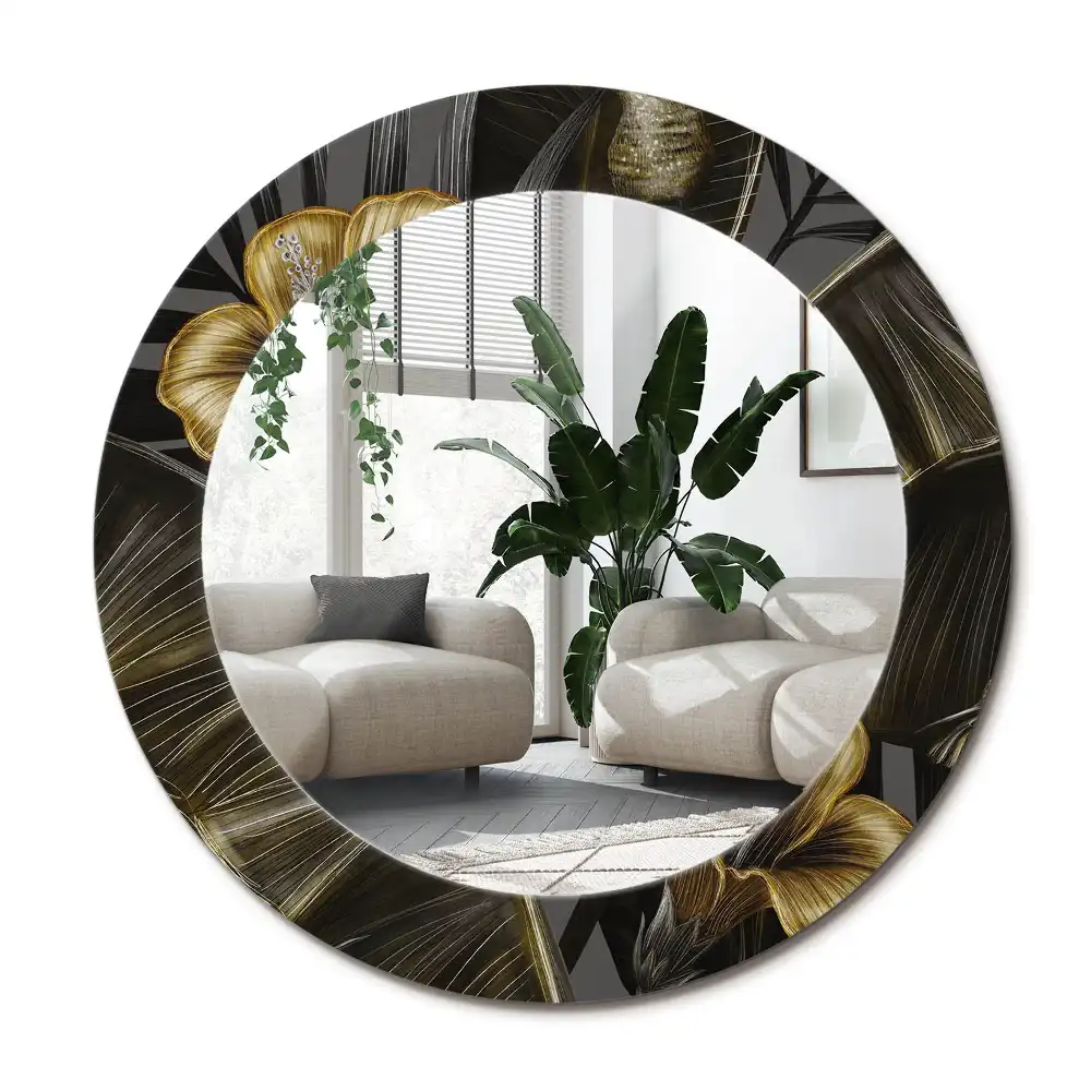 Specchio rotondo con cornice stampata fiori di ibisco