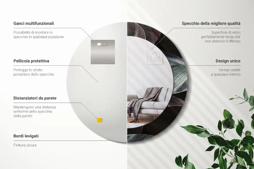 Specchio circolare stampato Foglie tropicali scure