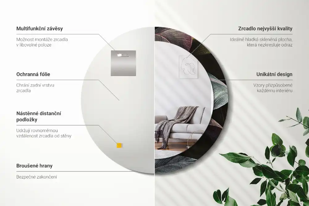 Specchio circolare stampato Foglie tropicali scure