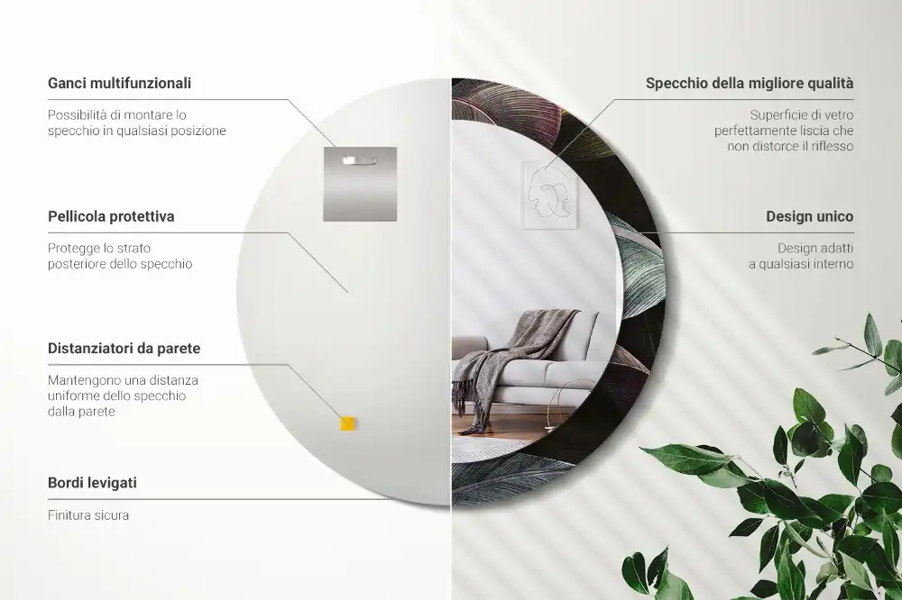 Specchio circolare stampato Foglie tropicali scure