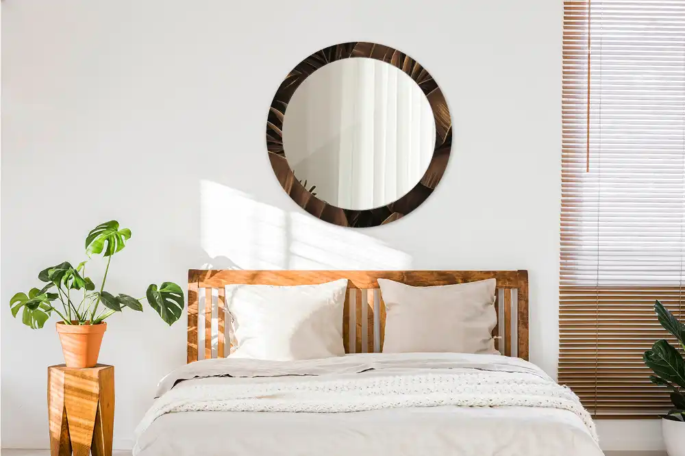 Specchio circolare stampato Foglie di banana marroni