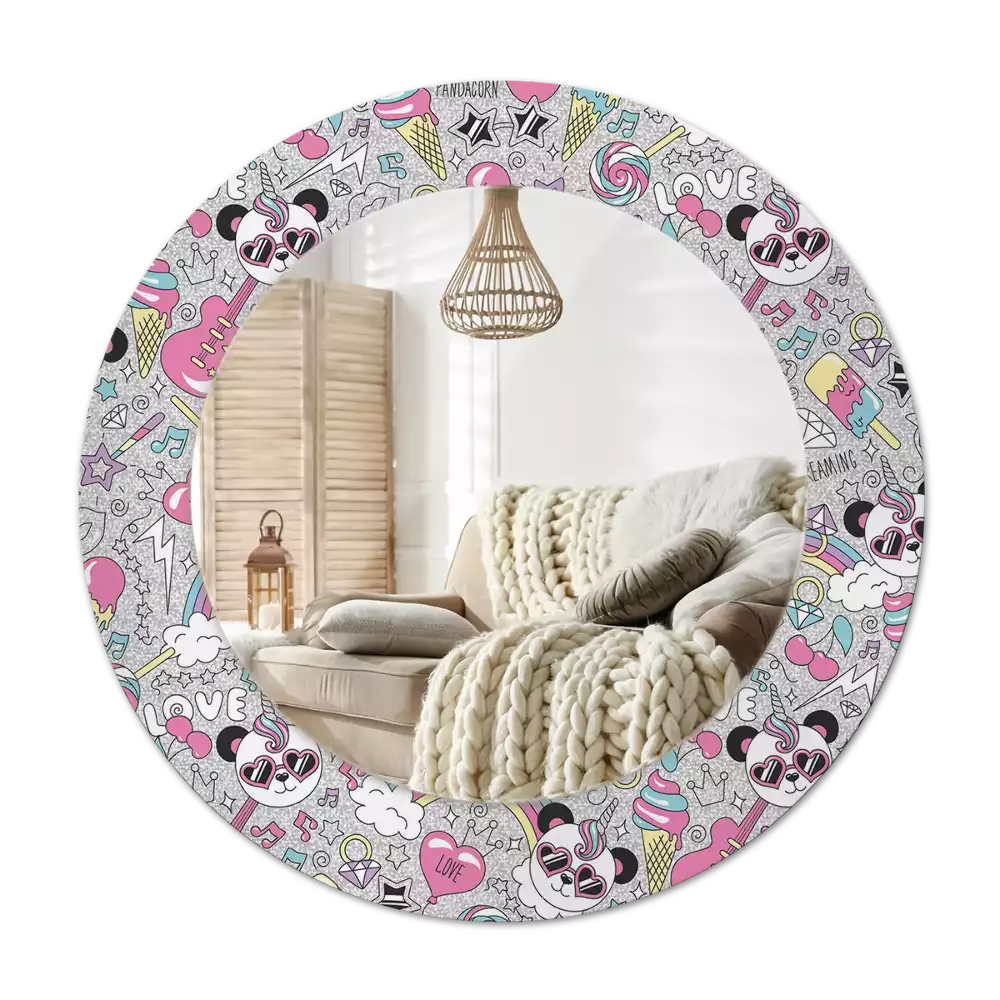 Specchio rotondo con cornice stampata Panda unicorn