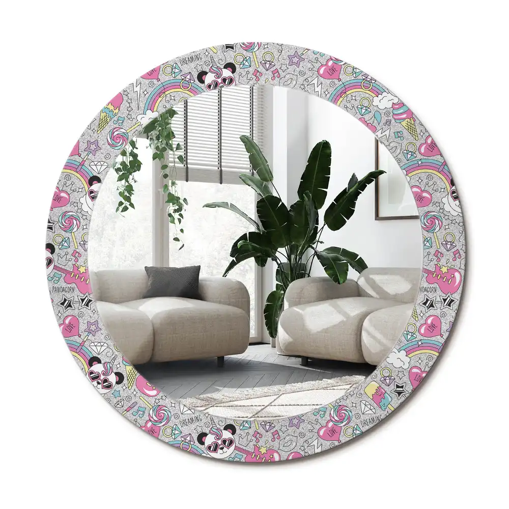 Specchio rotondo con cornice stampata Panda unicorn