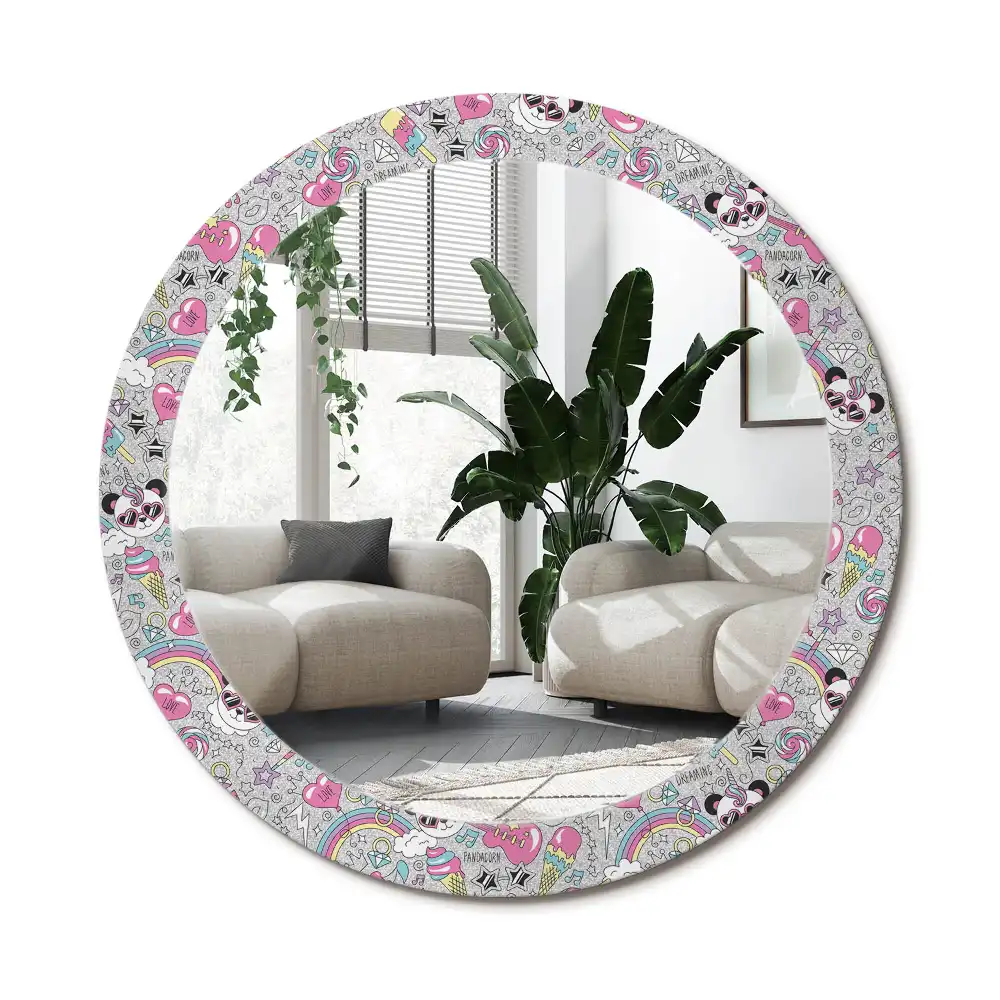 Specchio rotondo con cornice stampata Panda unicorn