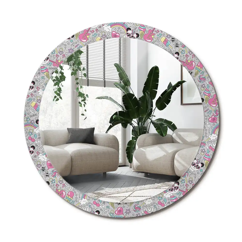 Specchio rotondo con cornice stampata Panda unicorn
